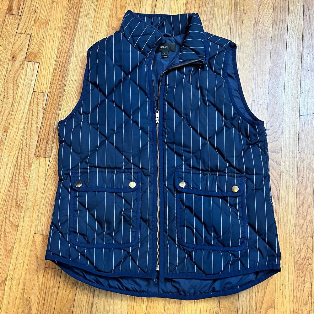 J CREW Down Puffer Vest Womens Small Navy Blue Striped Quilted